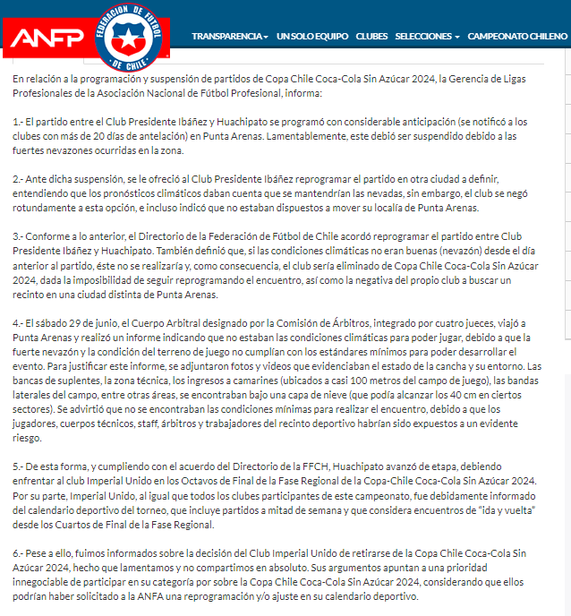 El comunicado sobre clasificación de Huachipato en Copa Chile (Captura)