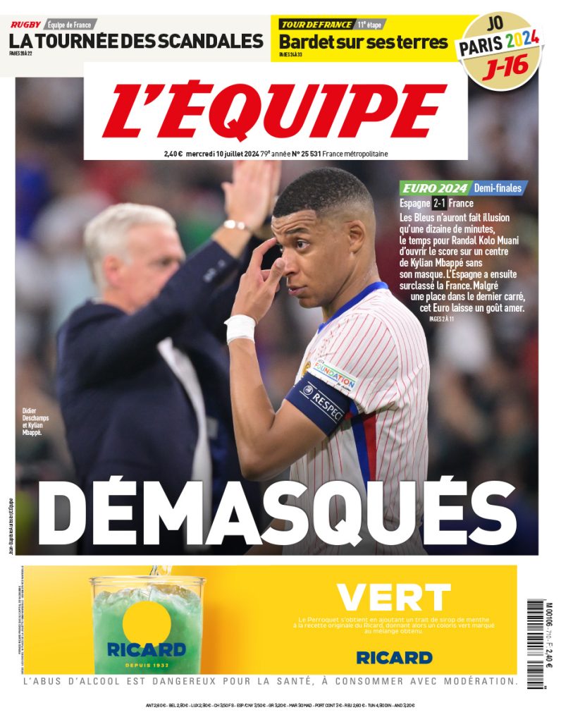 La portada de L’Équipe tras la eliminación de Francia en la Eurocopa.